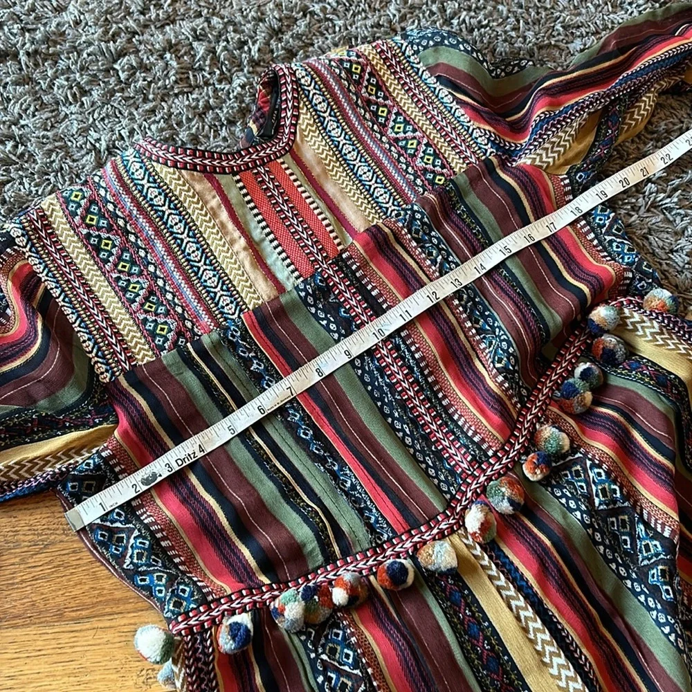 Zara Multicolor Pom Pom Trim Tiered Boho Maxi Dress Size Medium - Picture 9 of 16